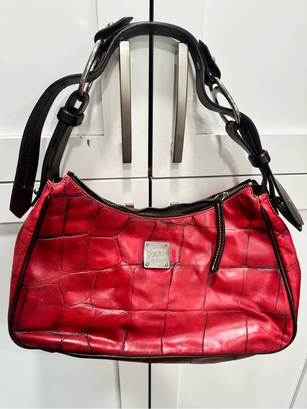 Vintage Dooney & Bourke Red Croc-Embossed Shoulder Bag with Dark Brown Strap